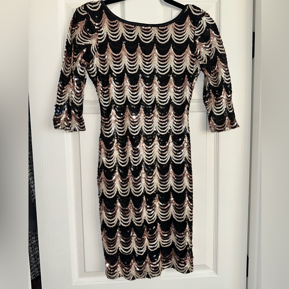 Black dress with gold, rose gold, and black sequins perfect for the holidays!